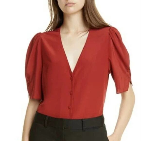 Frame Top Womens Small Olivia Silk Puff Sleeve Button Front Lipstick Red V-Neck - Picture 1 of 11